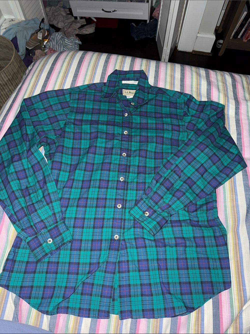 L.L. Bean Teal and Navy Plaid Button-Down Shirt